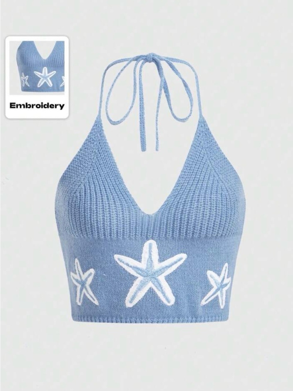 ROMWE Light Blue Starfish Embroidered Knit Halter Crop Top